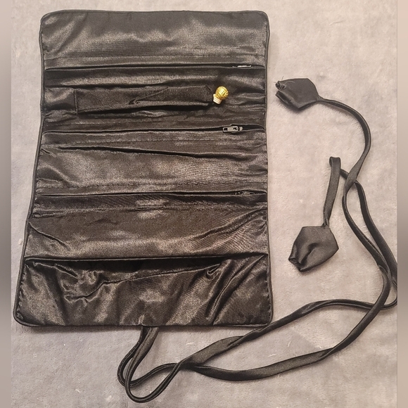 0479. NWOTs~ Beautifully Embroidered Black Satin ~ Jewelry Roll ~ Zipper Pockets - Picture 3 of 5